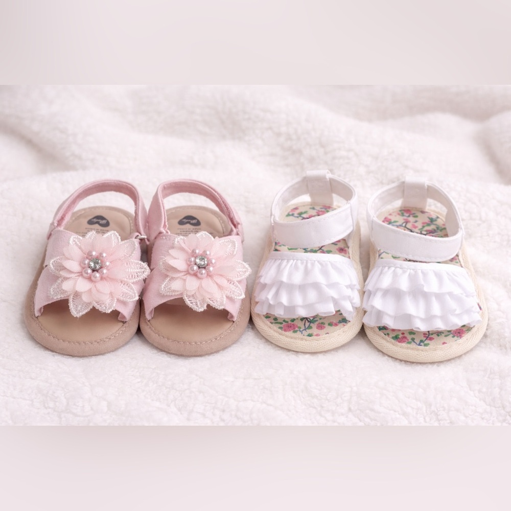 Baby Sandals Bundle | Size 1 | Pink Floral & White Ruffle Shoes | Summer